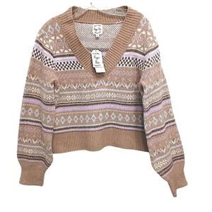 NEW Hippie Rose Sweater Sz L Mocha Fair Isle Bubble sleeve V-neck Ski Lodge Glam